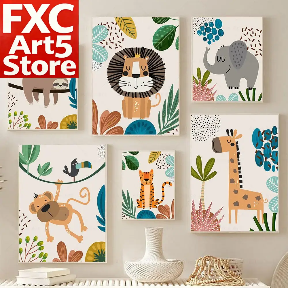 Baby Nursery Art - Boho Monkey Lion Giraffe Bird Zebra