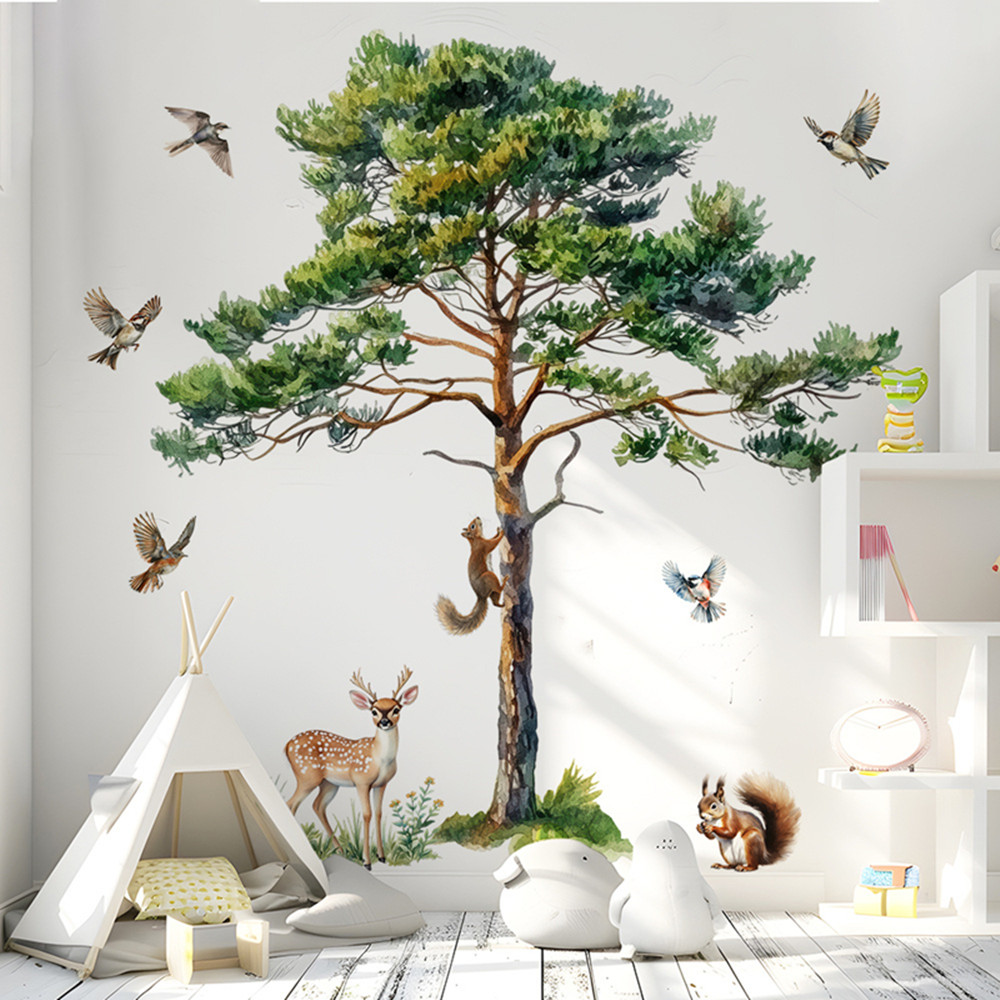 Baby Nursery Labels - Large Pine Tree Wall Decals Squirrel