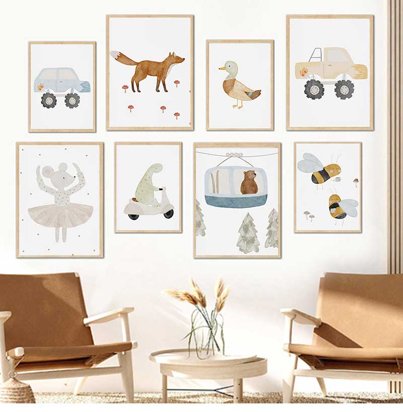Baby Nursery Art - Cartoon Goose Bees Bear Duck Dinosaur