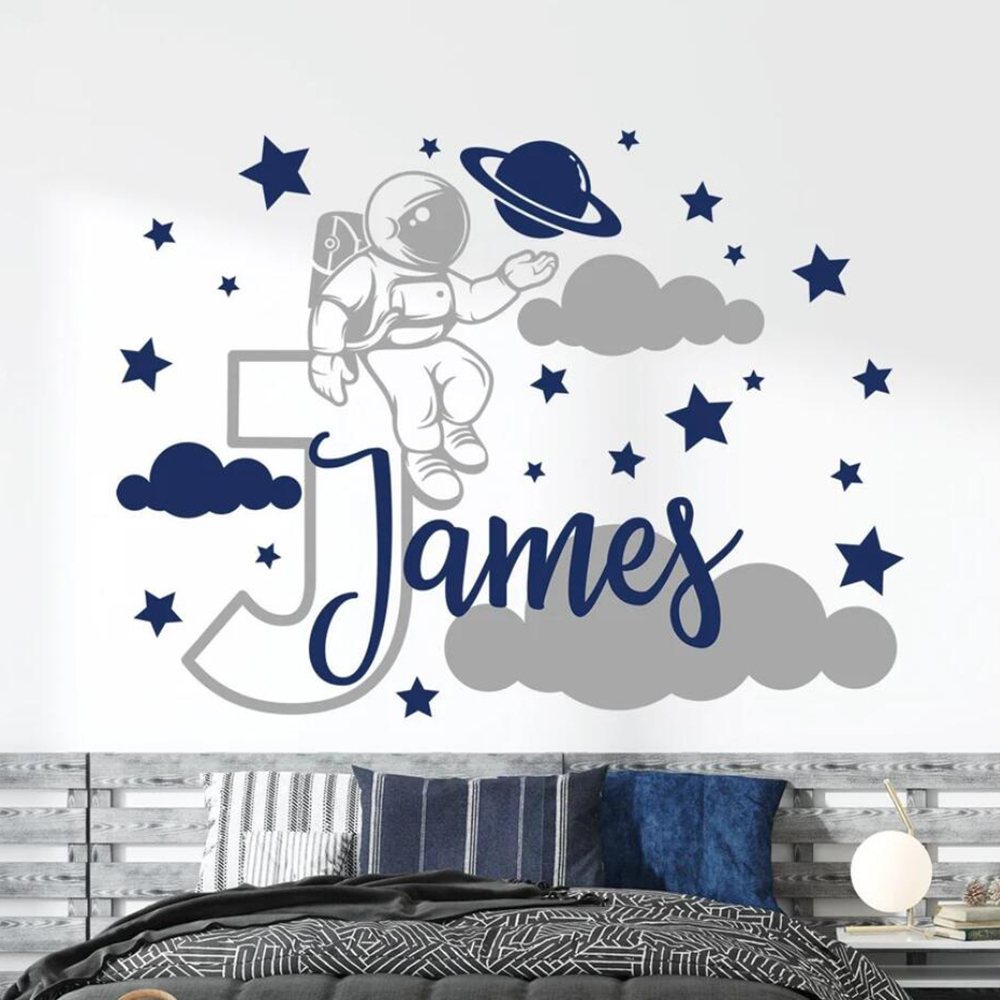 Baby Nursery Decor Boy - Custom Name Cartoon Space Astronaut Star