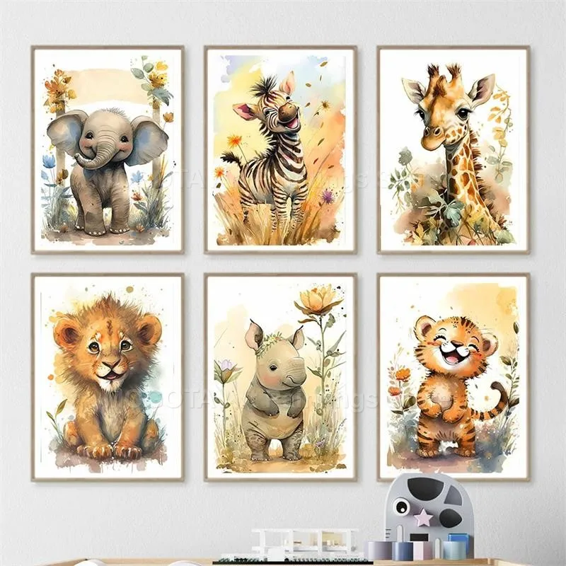 Watercolor Lion Giraffe Tiger  - огляд і ціна Baby Nursery Art